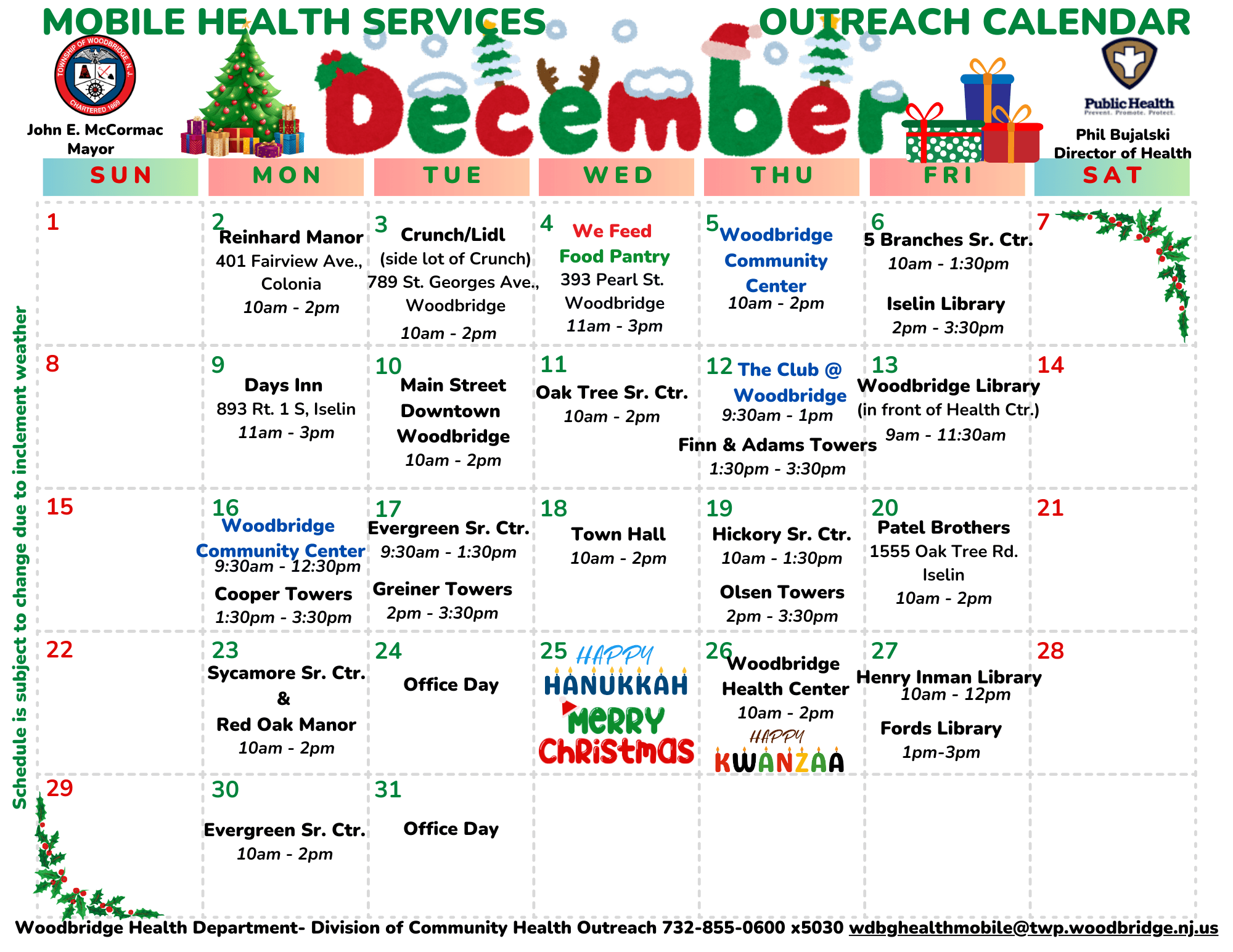Community Health Mobile Outreach Calendar - December