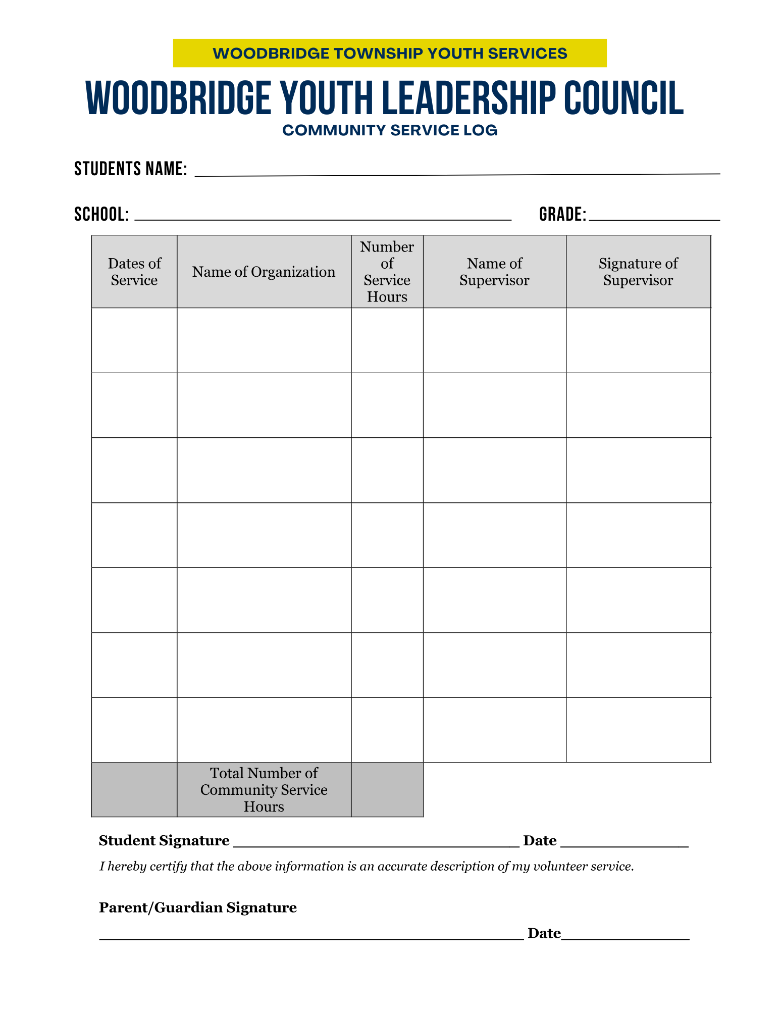 WYLC Community Service Log